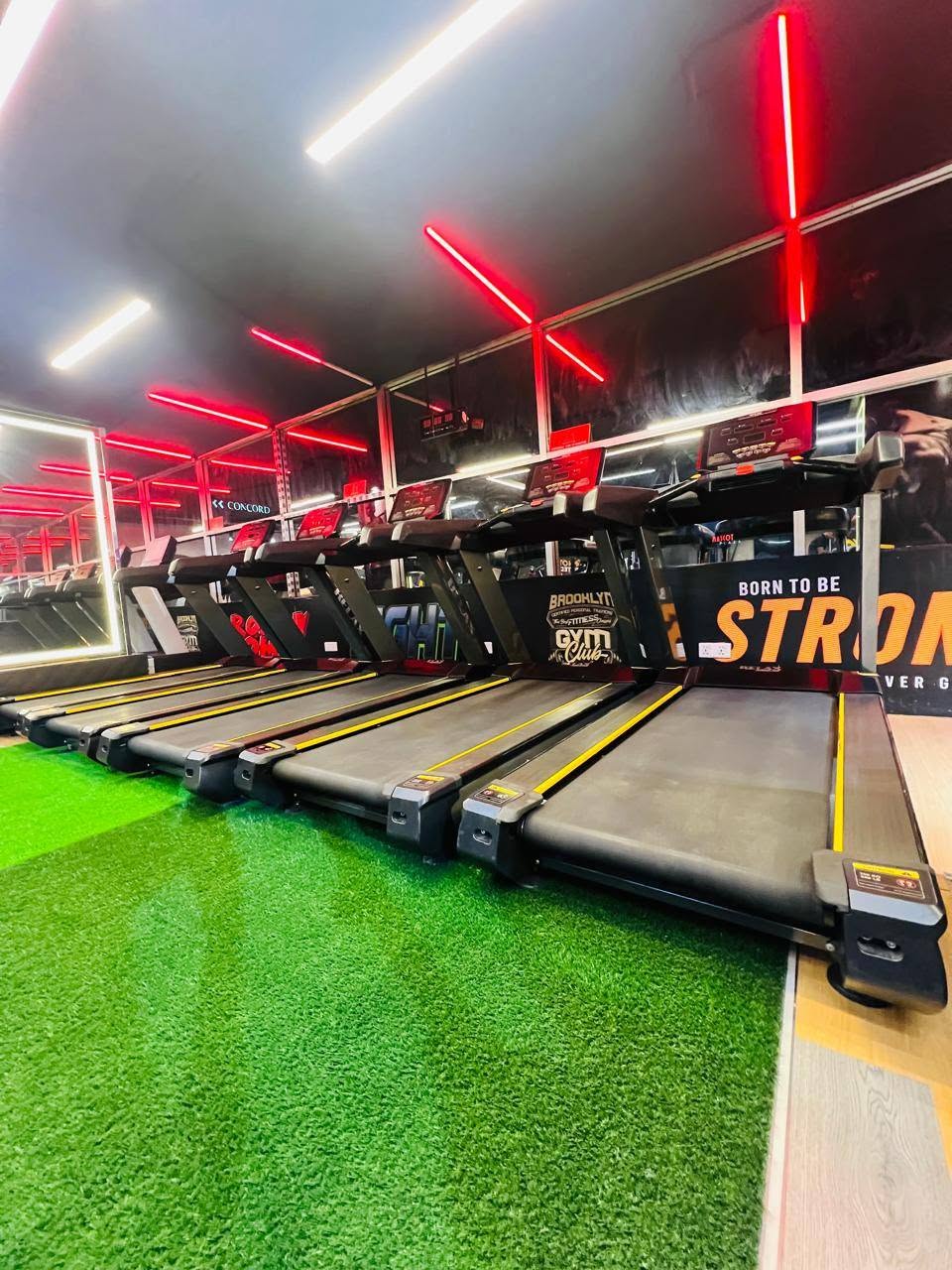 Row of treadmills running along the window line